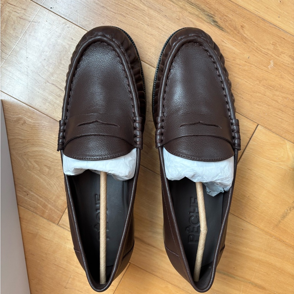 Women's Brown Leather Penny Loafers - Classic Slip-On Flats - Picture 3 of 4